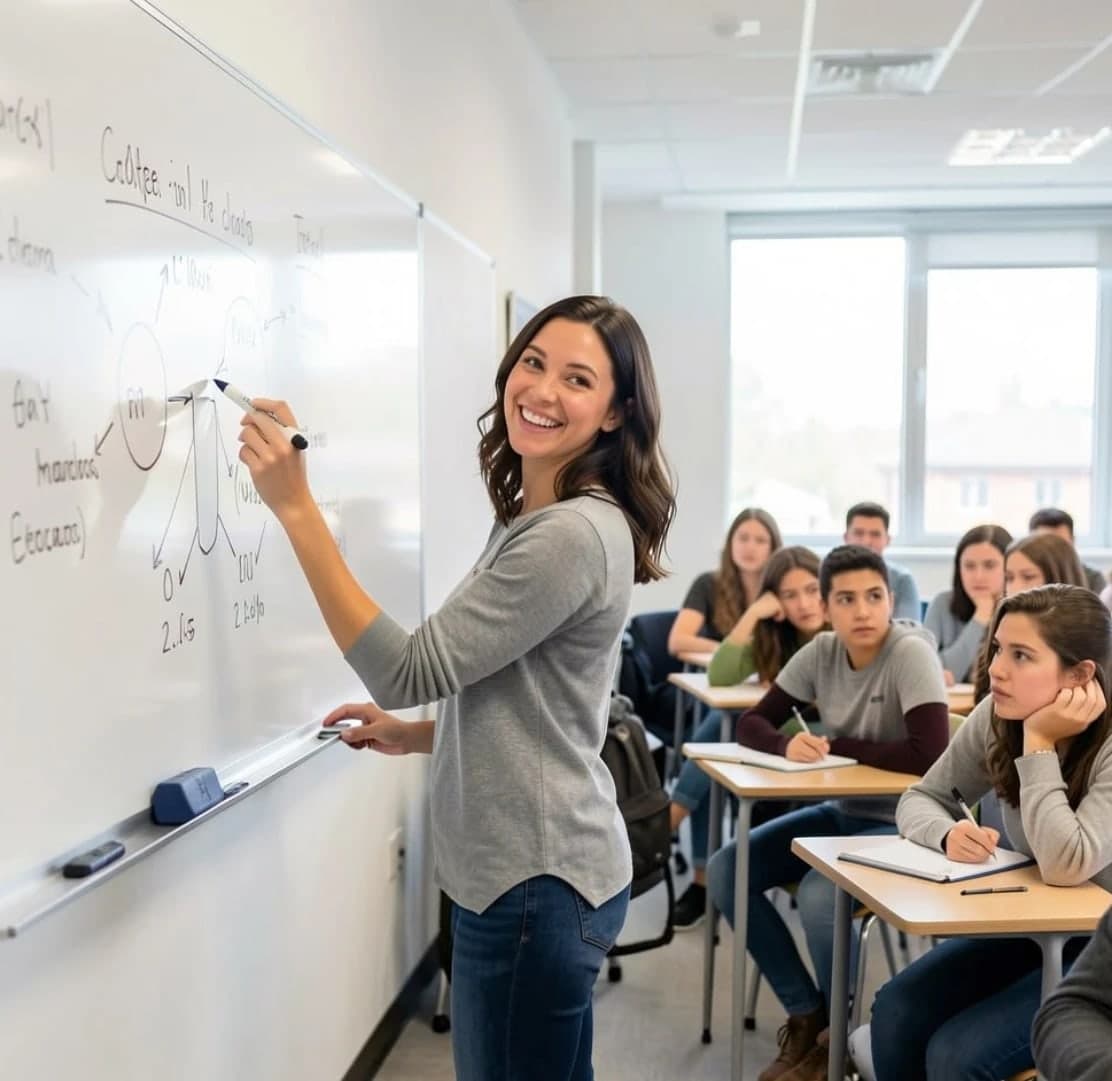 Улыбающийся преподаватель у доски ведёт занятие, студенты внимательно слушают
